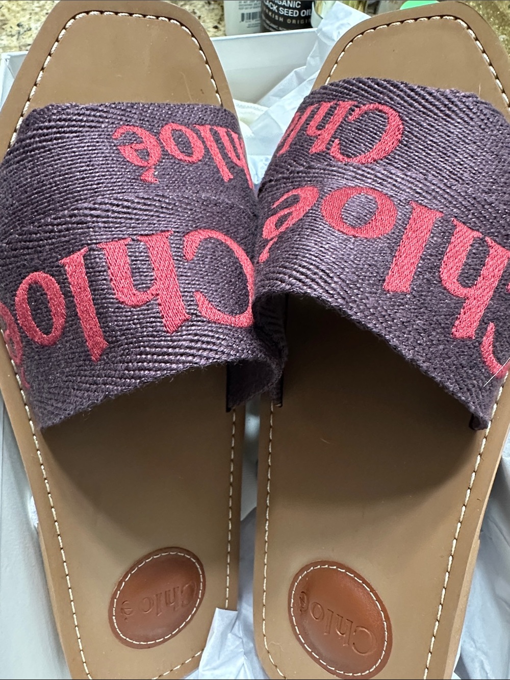 Chloé Purple Slides with Pink Logo and Tan Footbed - Picture 1 of 4